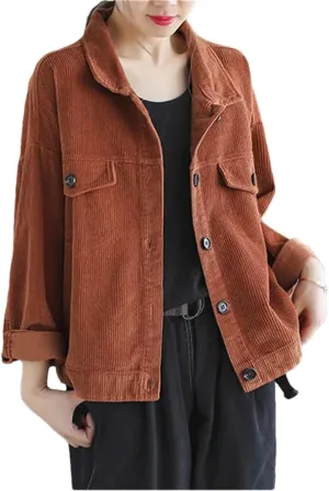 Women's Corduroy Denim Jacket Short Solid Lapel Office Denim Jacket