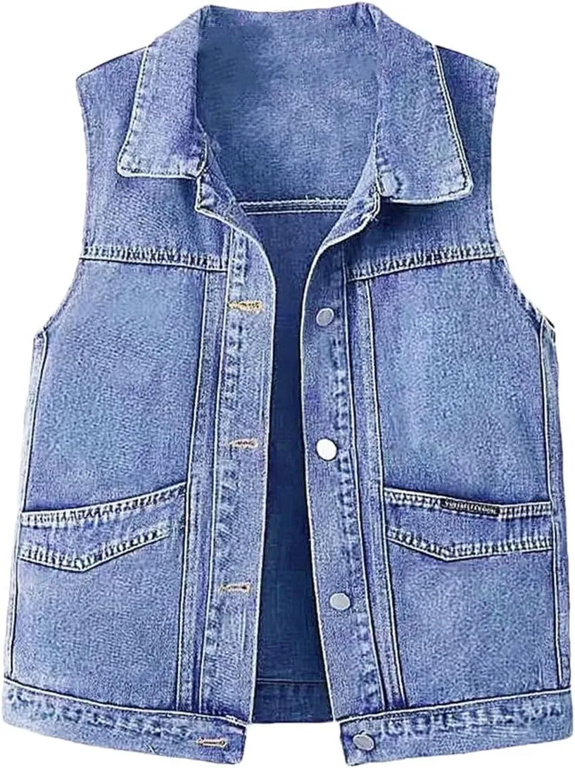 Women's Denim Cowboy Waistcoat Short Coat Sleeveless Denim Jacket Vest