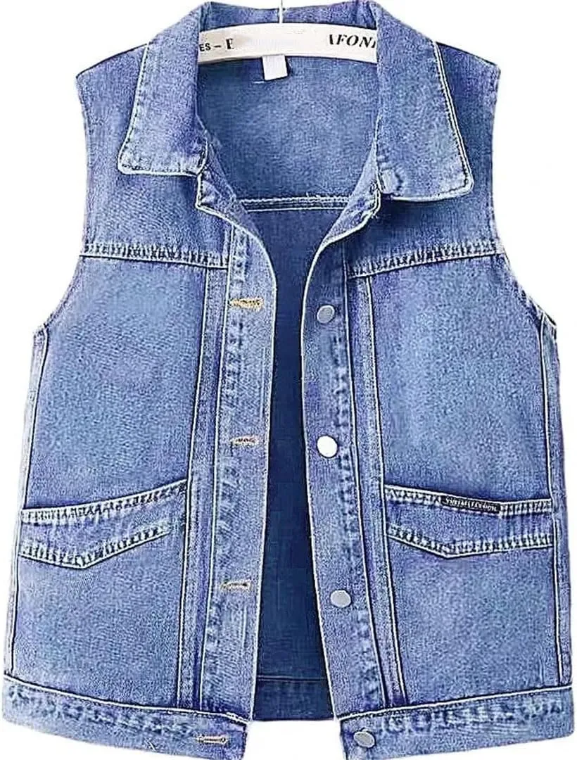 Women's Denim Cowboy Waistcoat Short Coat Sleeveless Denim Jacket Vest
