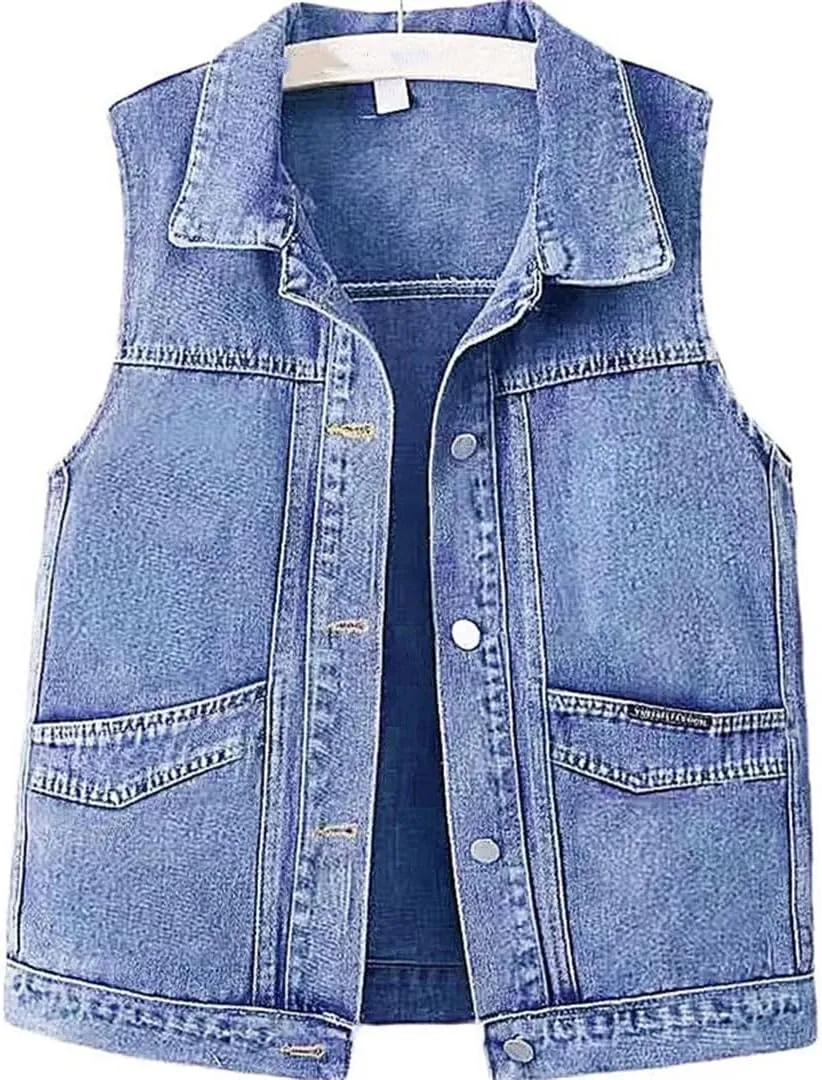 Women's Denim Cowboy Waistcoat Short Coat Sleeveless Denim Jacket Vest