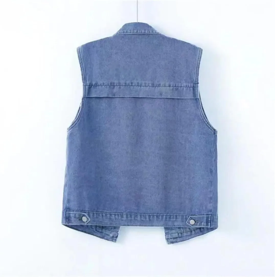 Women's Denim Cowboy Waistcoat Short Coat Sleeveless Denim Jacket Vest