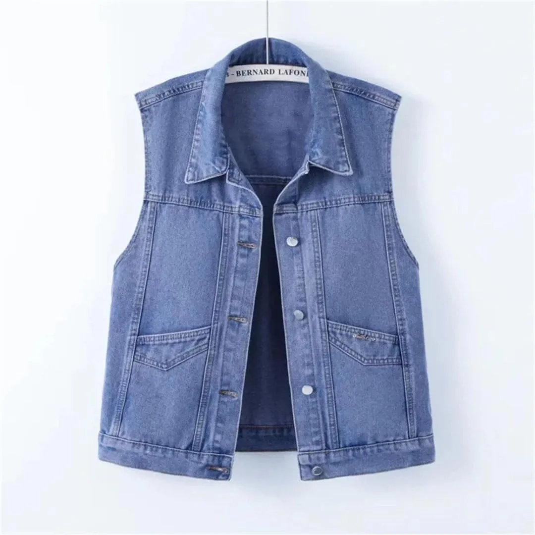 Women's Design Denim Loose Pocket Sleeveless Denim Jacket Waistcoat Vest