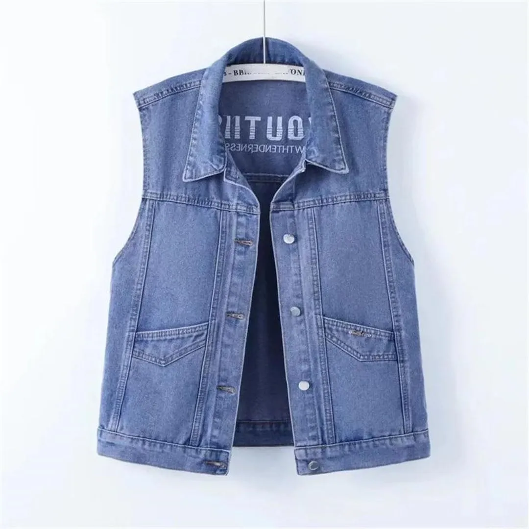 Women's Design Denim Loose Pocket Sleeveless Denim Jacket Waistcoat Vest