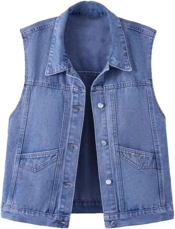Women's Design Denim Loose Pocket Sleeveless Denim Jacket Waistcoat Vest