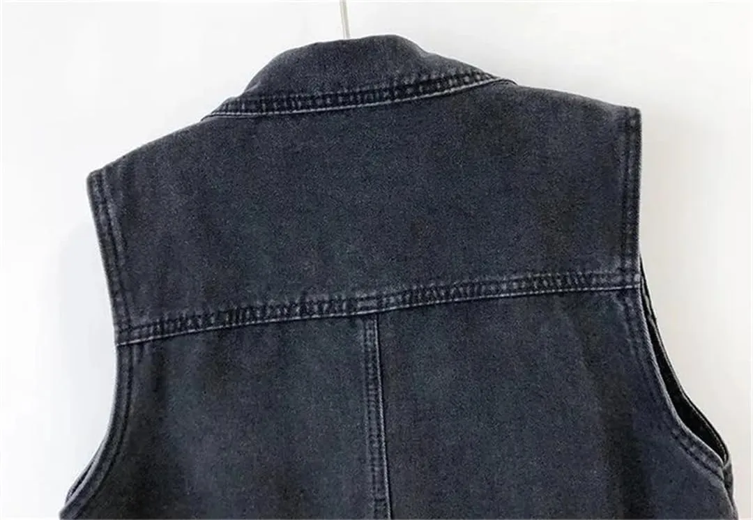 Women's Design Sequins Denim Waistcoat Korean Leeveless Denim Jeans Jacket Vest
