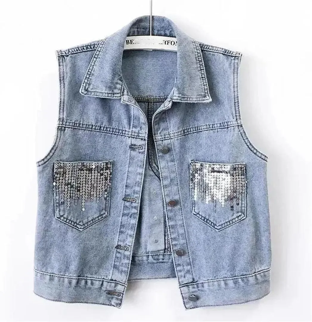 Women's Design Sequins Denim Waistcoat Korean Leeveless Denim Jeans Jacket Vest