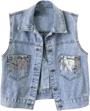 Women's Design Sequins Denim Waistcoat Korean Leeveless Denim Jeans Jacket Vest