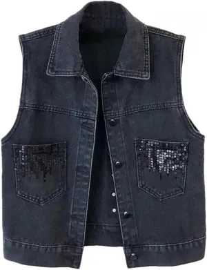 Women's Design Sequins Denim Waistcoat Korean Leeveless Denim Jeans Jacket Vest