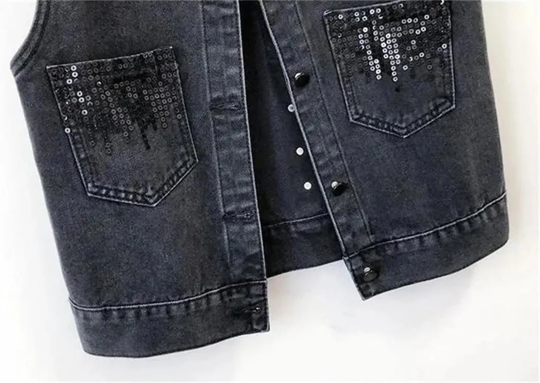 Women's Design Sequins Denim Waistcoat Korean Leeveless Denim Jeans Jacket Vest