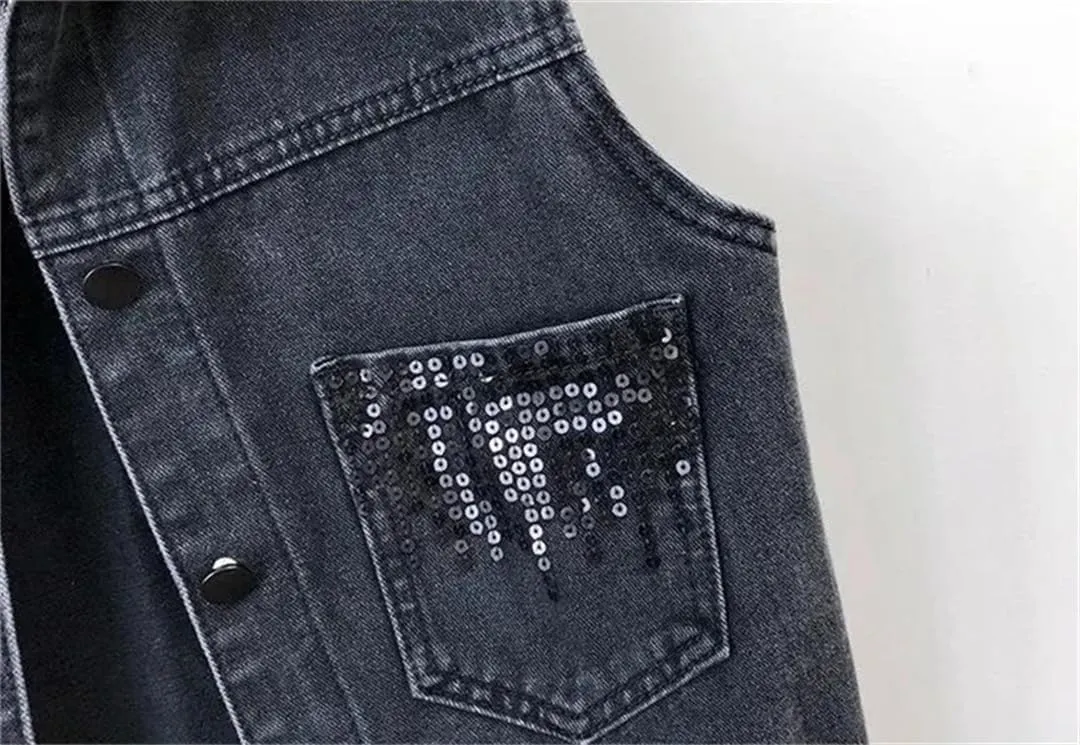 Women's Design Sequins Denim Waistcoat Korean Leeveless Denim Jeans Jacket Vest