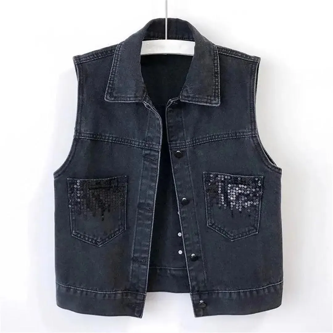 Women's Design Sequins Denim Waistcoat Korean Leeveless Denim Jeans Jacket Vest