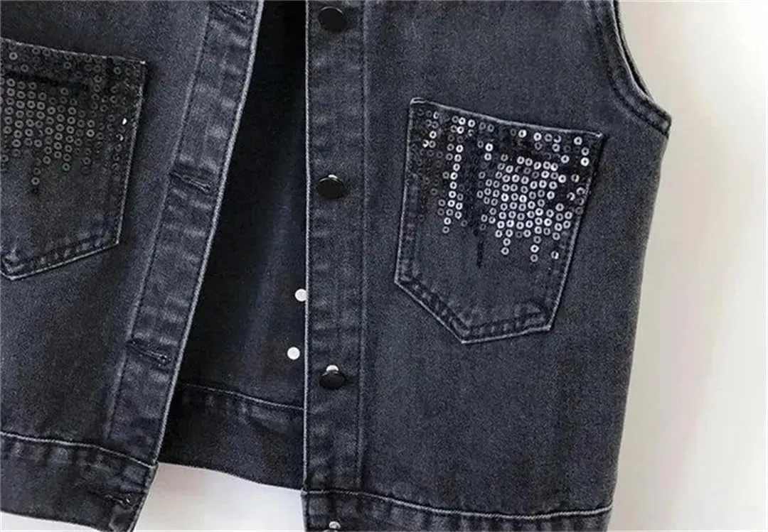 Women's Design Sequins Denim Waistcoat Korean Leeveless Denim Jeans Jacket Vest