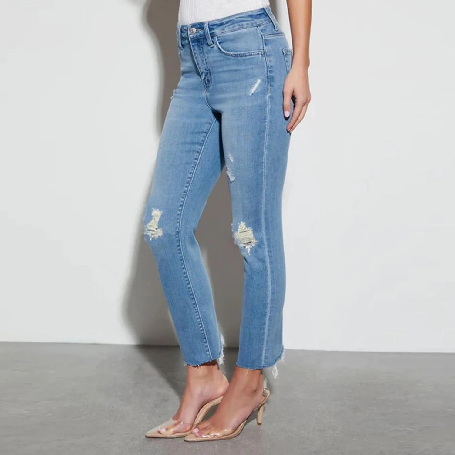 Women's Distressed Skinny Jeans Ripped Hem Denim Pants Capri Jeans Stretch Capris Mid Rise Skinny Cropped Pants