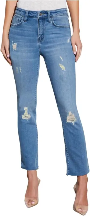 Women's Distressed Skinny Jeans Ripped Hem Denim Pants Capri Jeans Stretch Capris Mid Rise Skinny Cropped Pants