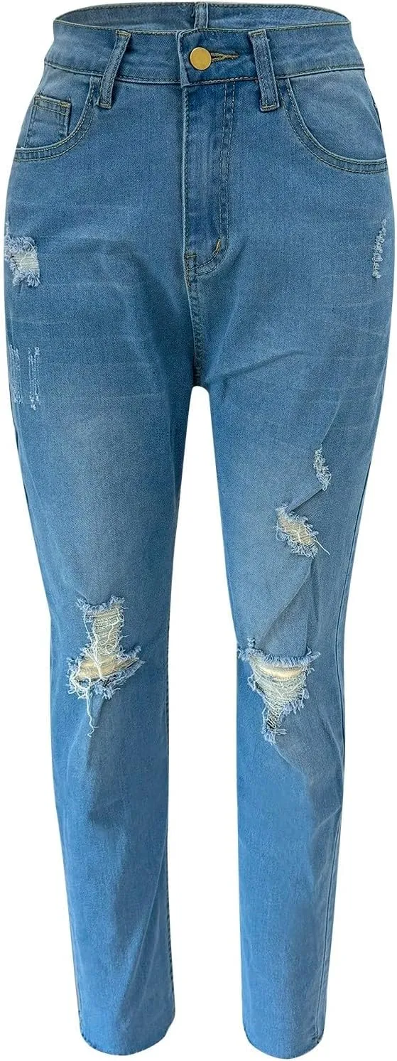 Women's Distressed Skinny Jeans Ripped Hem Denim Pants Capri Jeans Stretch Capris Mid Rise Skinny Cropped Pants