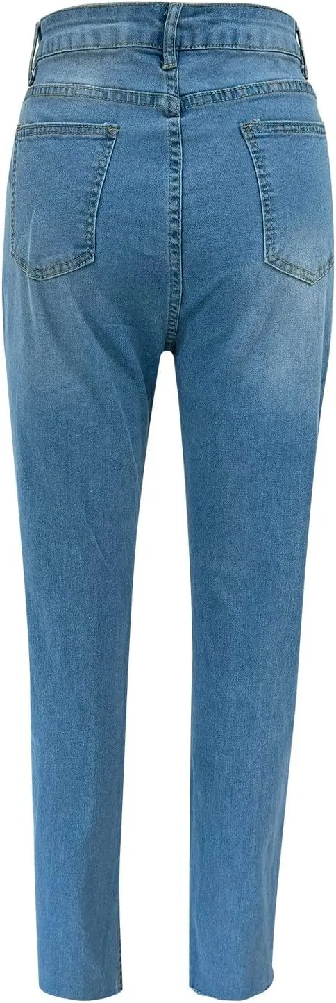 Women's Distressed Skinny Jeans Ripped Hem Denim Pants Capri Jeans Stretch Capris Mid Rise Skinny Cropped Pants