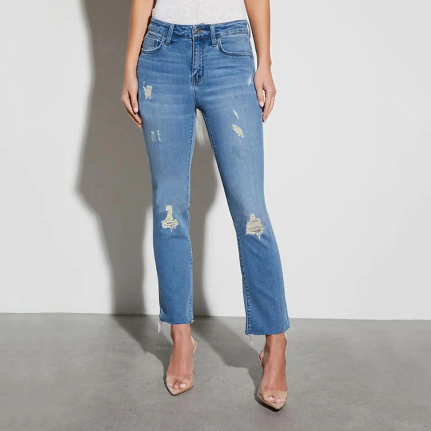 Women's Distressed Skinny Jeans Ripped Hem Denim Pants Capri Jeans Stretch Capris Mid Rise Skinny Cropped Pants
