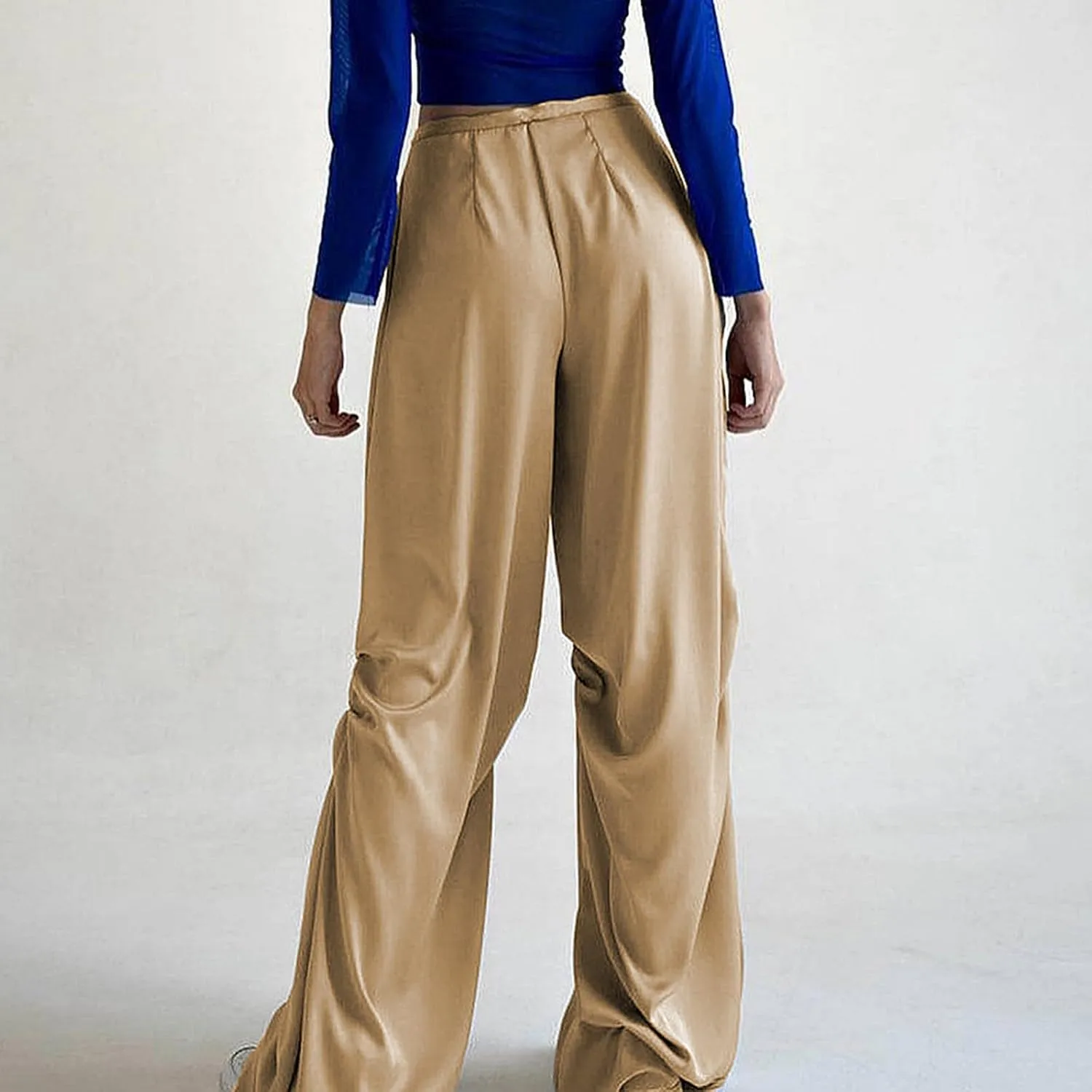 Women's Drawstring Elastic Waist Athleisure Pants Joggers with Pocket Loose Wide Leg Straight Trousers
