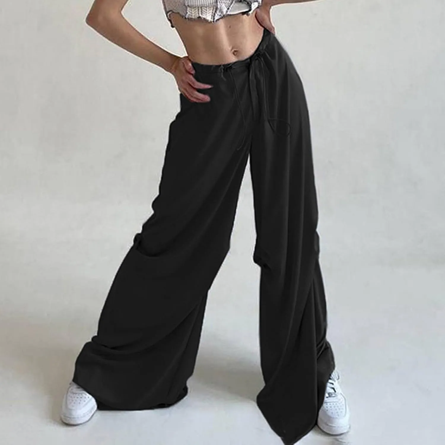 Women's Drawstring Elastic Waist Athleisure Pants Joggers with Pocket Loose Wide Leg Straight Trousers