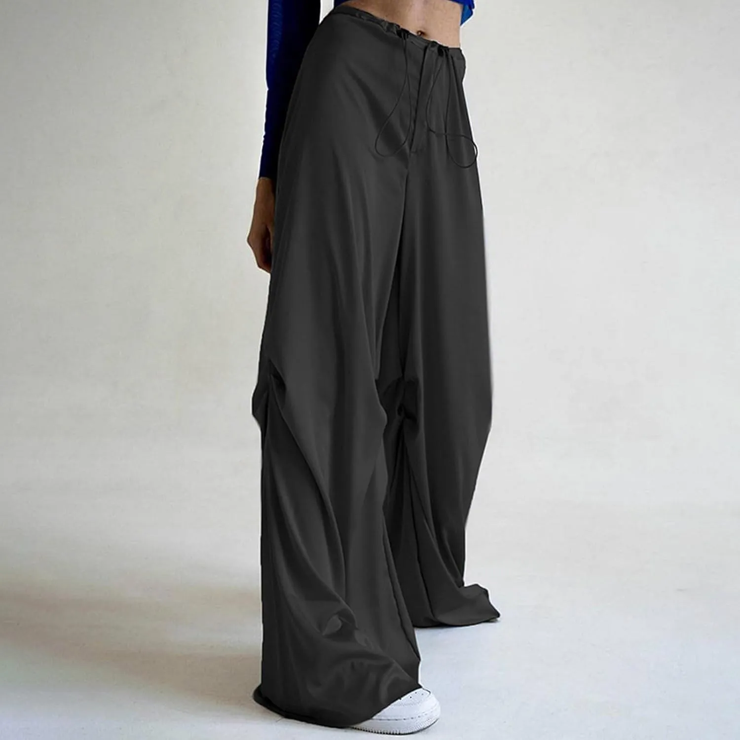 Women's Drawstring Elastic Waist Athleisure Pants Joggers with Pocket Loose Wide Leg Straight Trousers