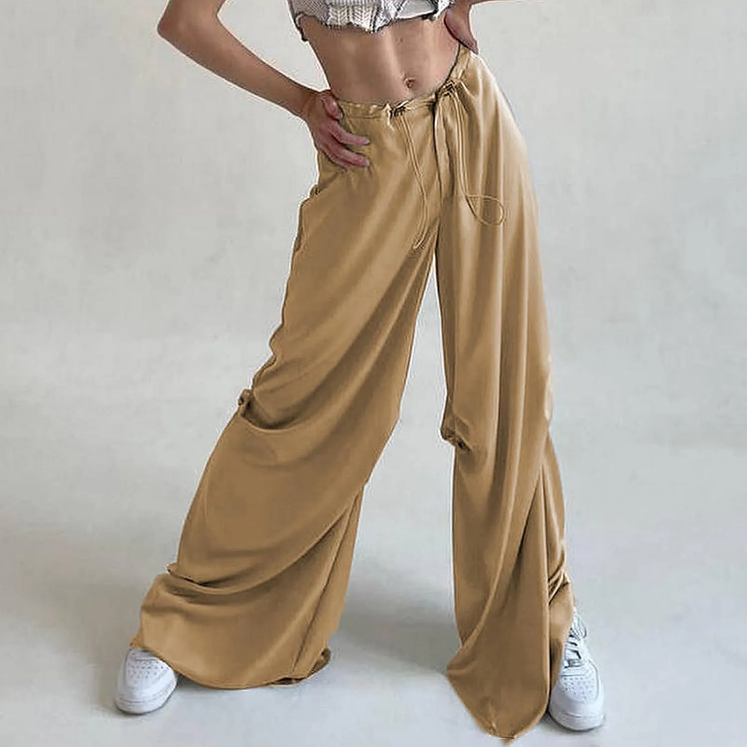 Women's Drawstring Elastic Waist Athleisure Pants Joggers with Pocket Loose Wide Leg Straight Trousers