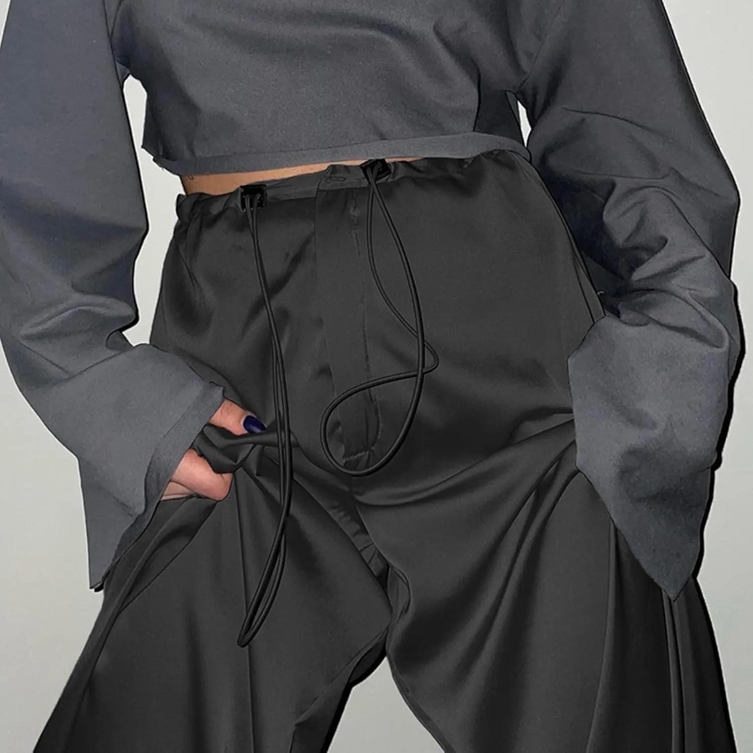 Women's Drawstring Elastic Waist Athleisure Pants Joggers with Pocket Loose Wide Leg Straight Trousers