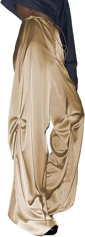 Women's Drawstring Elastic Waist Athleisure Pants Joggers with Pocket Loose Wide Leg Straight Trousers