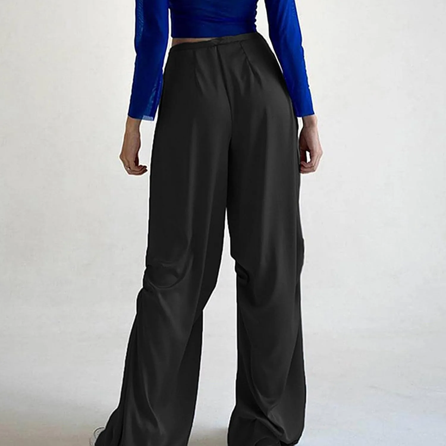 Women's Drawstring Elastic Waist Athleisure Pants Joggers with Pocket Loose Wide Leg Straight Trousers