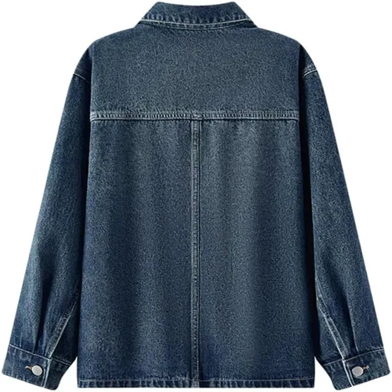 Women's Drop Shoulder Denim Jacket Cotton Lapel Casual Loose Denim Jacket
