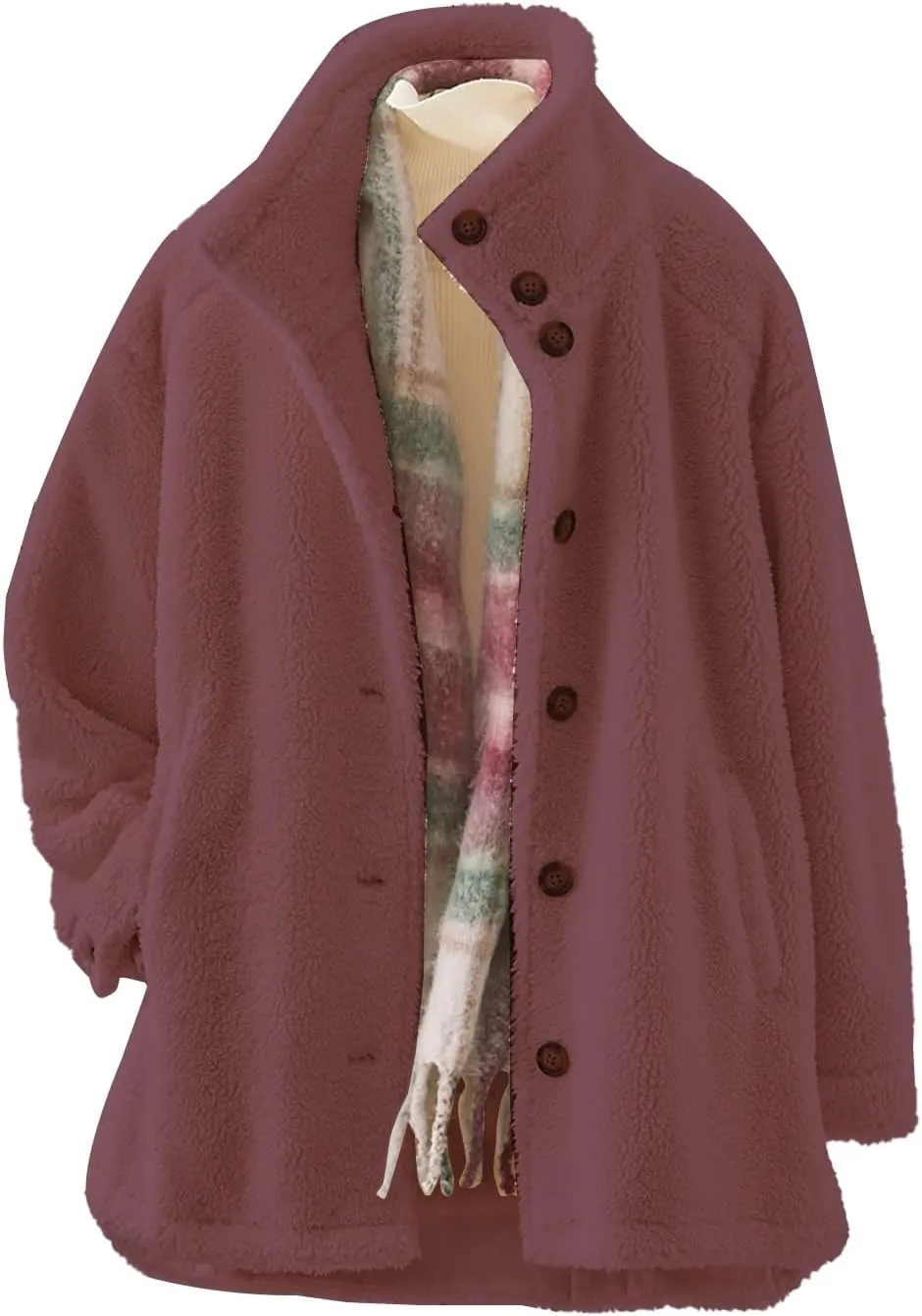 Women's Flannel Fuzzy Cardigan Casual Long Sleeve Sherpa Fleece Lined Jacket Trendy Lapel Collar Button Down Outwears