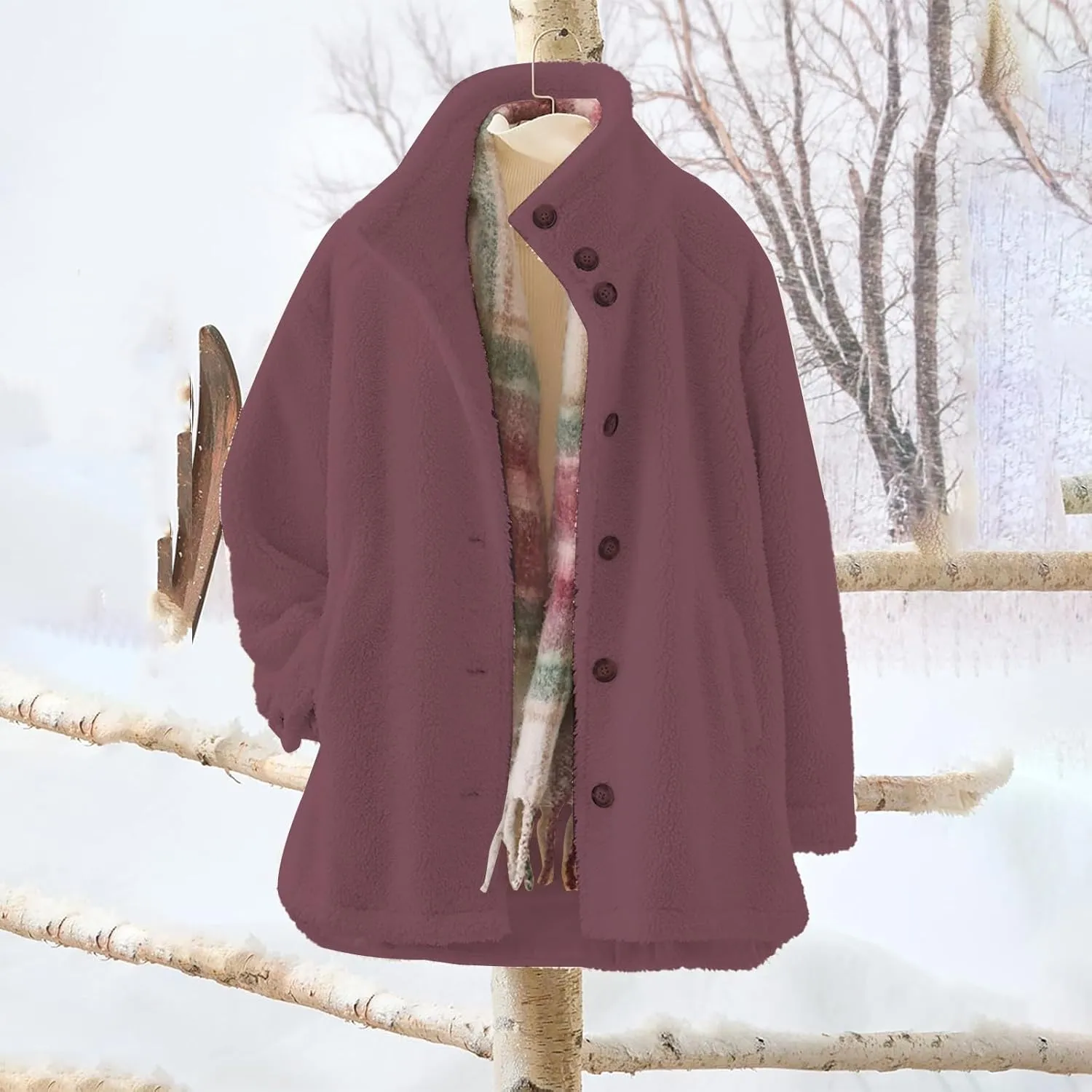 Women's Flannel Fuzzy Cardigan Casual Long Sleeve Sherpa Fleece Lined Jacket Trendy Lapel Collar Button Down Outwears