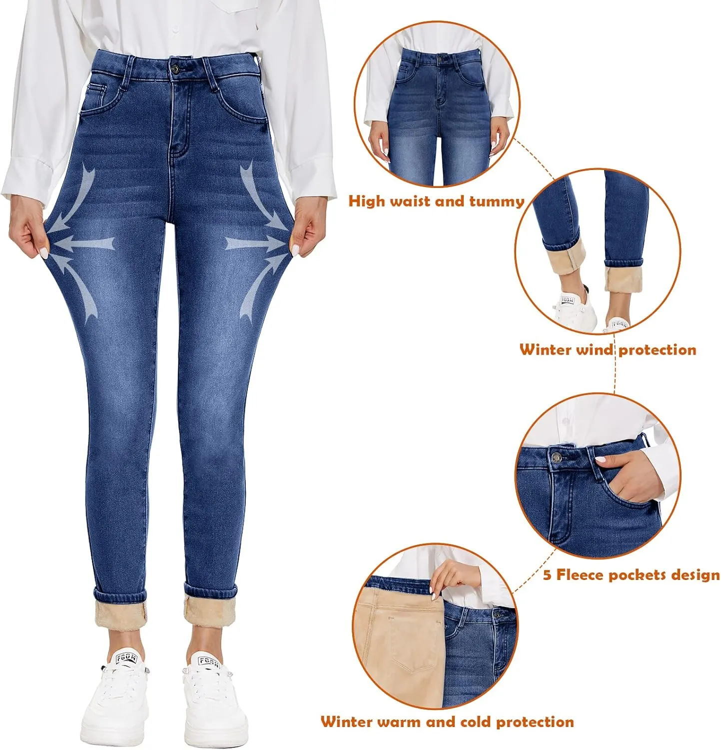 Women's Fleece Lined Jeans Thicken High Waisted Skinny Stretch Jeans for Women Winter Warm Flannel Lined Butt Lift Jeans