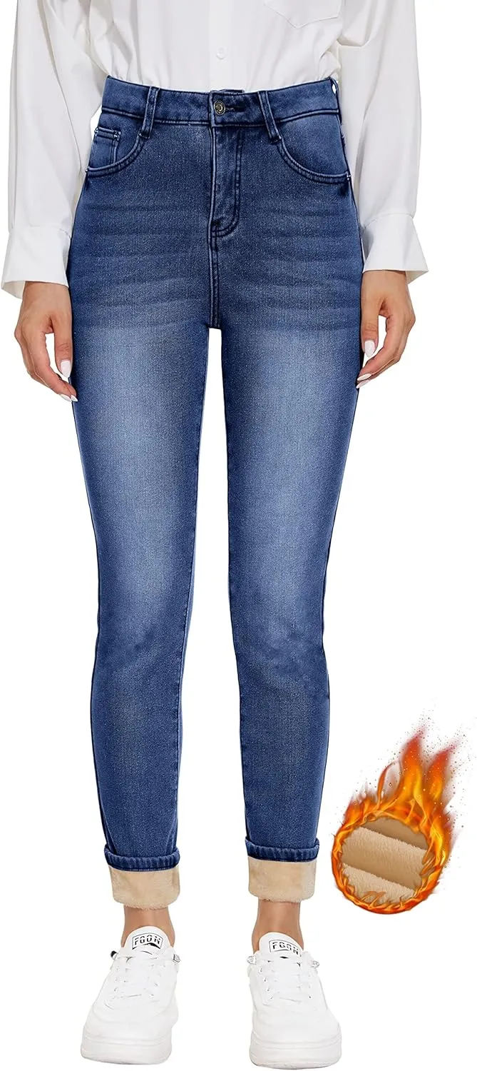 Women's Fleece Lined Jeans Thicken High Waisted Skinny Stretch Jeans for Women Winter Warm Flannel Lined Butt Lift Jeans