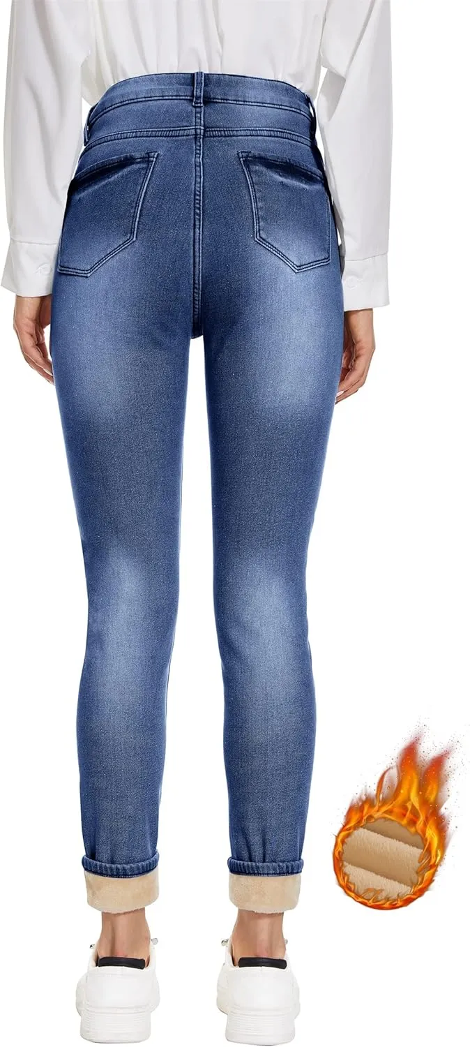Women's Fleece Lined Jeans Thicken High Waisted Skinny Stretch Jeans for Women Winter Warm Flannel Lined Butt Lift Jeans