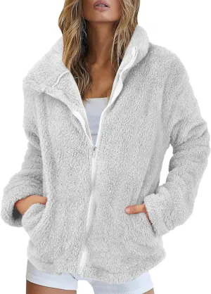 Womens Full Zip Sherpa Fleece Jacket Solid Color Fuzzy Teddy Coat Lightweight Warm Winter Casual Outfits with Pockets