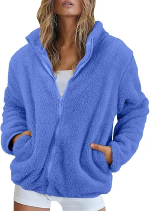 Womens Full Zip Sherpa Fleece Jacket Solid Color Fuzzy Teddy Coat Lightweight Warm Winter Casual Outfits with Pockets