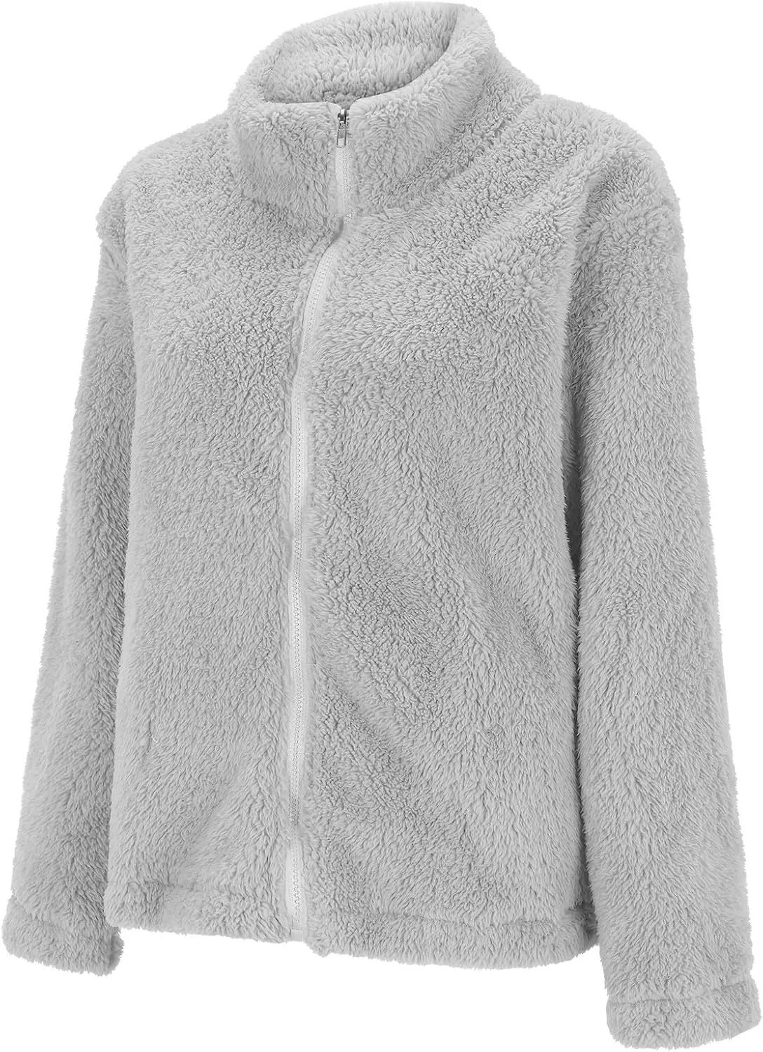 Womens Full Zip Sherpa Fleece Jacket Solid Color Fuzzy Teddy Coat Lightweight Warm Winter Casual Outfits with Pockets