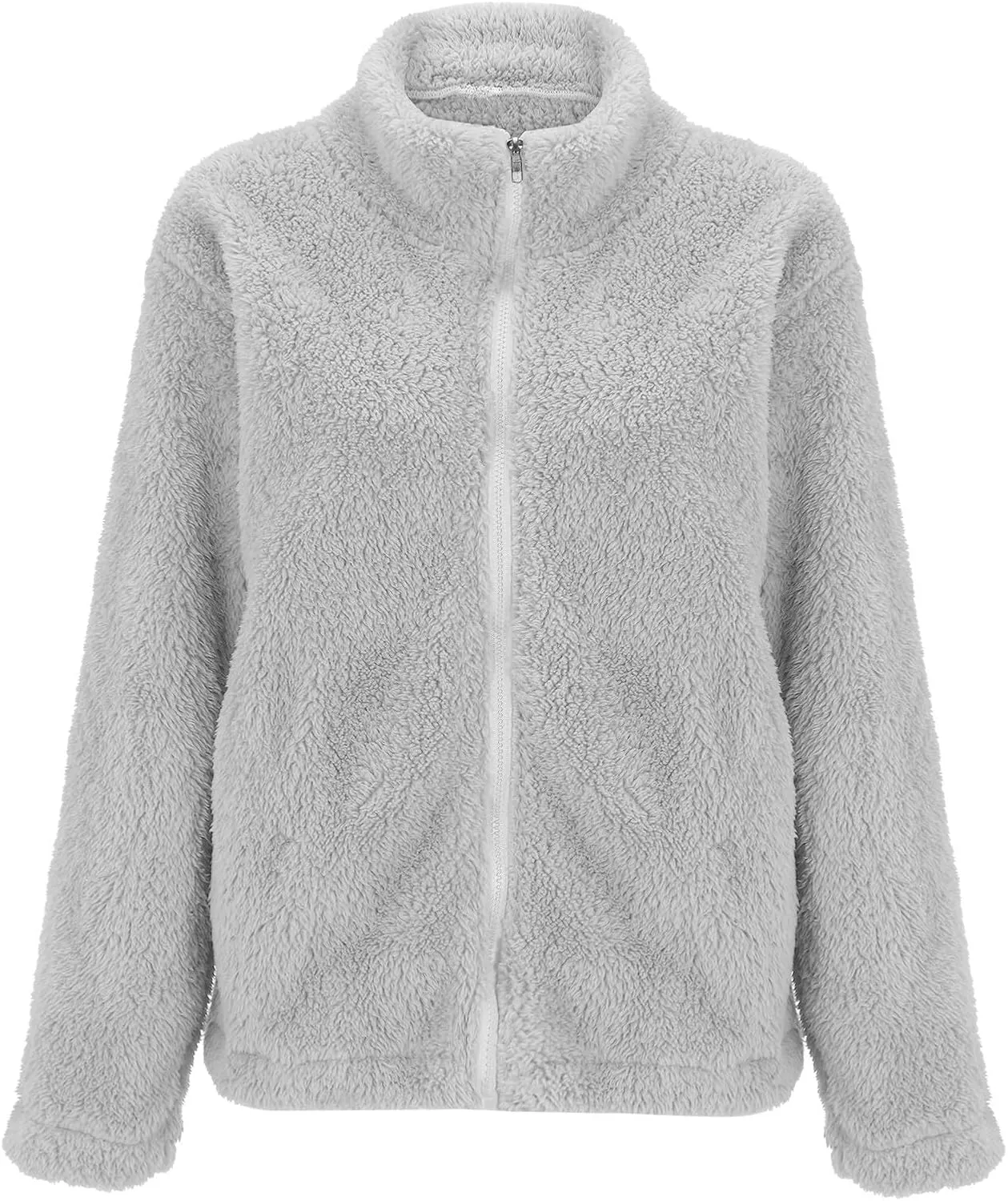 Womens Full Zip Sherpa Fleece Jacket Solid Color Fuzzy Teddy Coat Lightweight Warm Winter Casual Outfits with Pockets