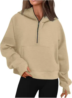 Women's Graphic Sweatshirts Long Sleeve Casual Lapel Pullover Half Zip Sweatshirts Thumb Hole Cropped, S-3XL