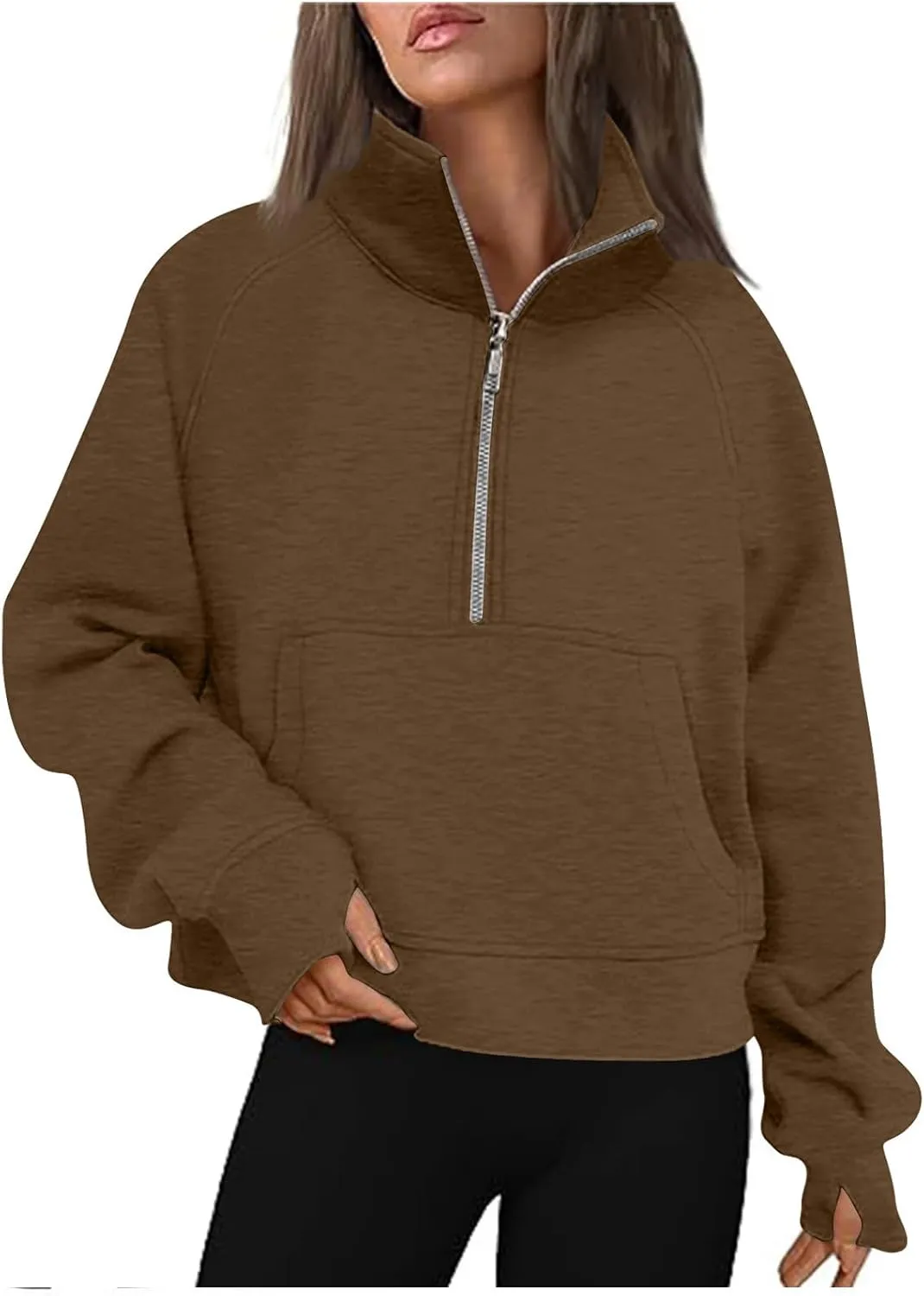 Womens Half Zip Pullover Cropped Sweatshirts Fleece Quarter Zipper Hoodies Workout Sweater Fall Outfits Thumb Hole