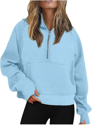 Womens Half Zip Sweatshirts 2024 Fleece Hooded Pullover Sweatshirts Thumb Hole Cropped Long Sleeve Tops with Pockets