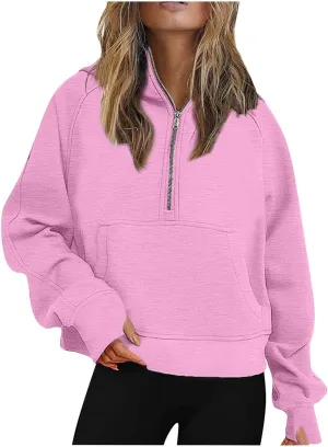 Womens Half Zip Sweatshirts 2024 Fleece Hooded Pullover Sweatshirts Thumb Hole Cropped Long Sleeve Tops with Pockets