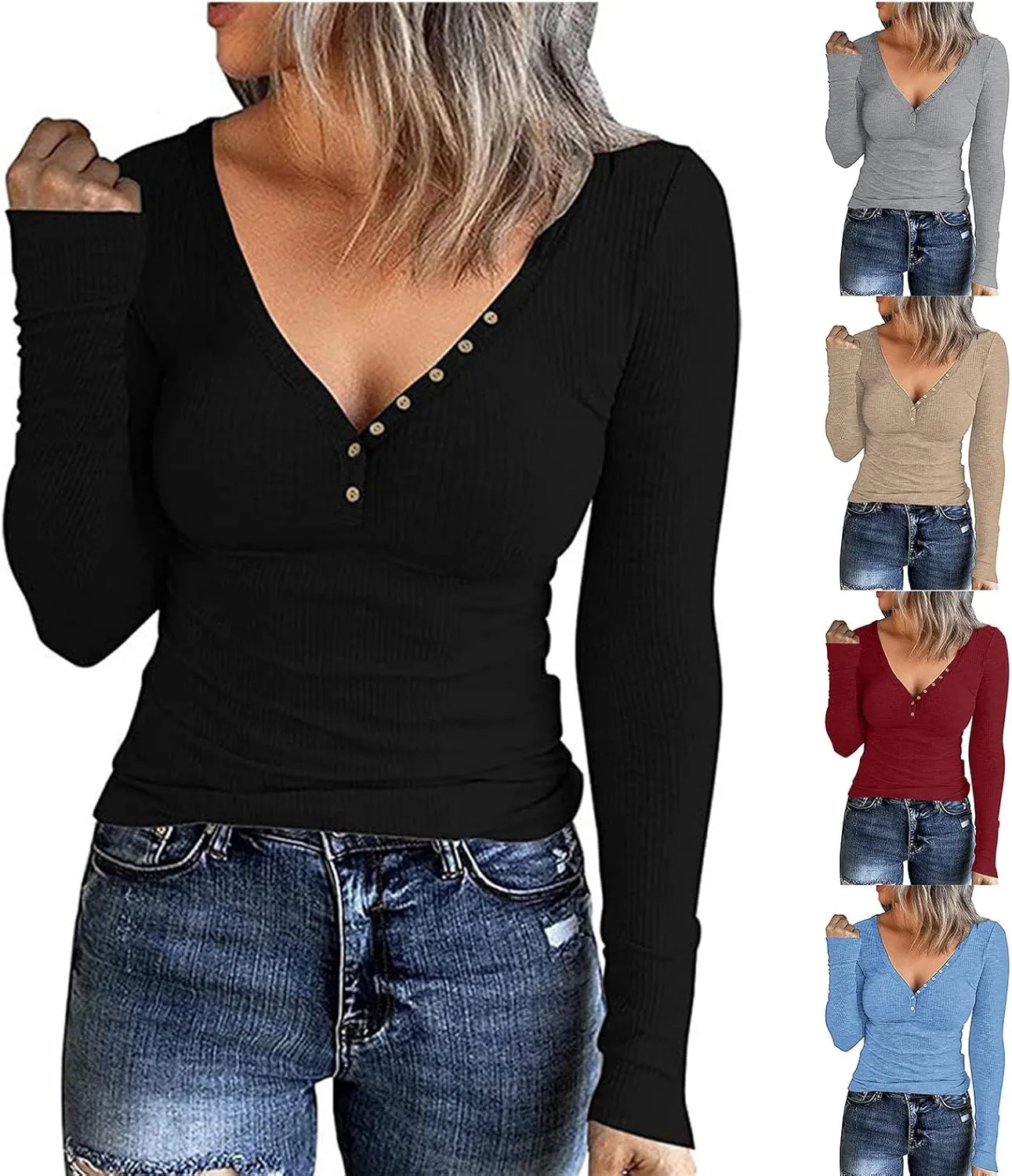 Womens Henley Shirts Casual Button Down Blouses Long Sleeve V Neck T Shirts Slim Fit Summer Tops Basic Tunic Tops