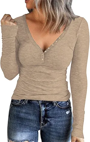 Womens Henley Shirts Casual Button Down Blouses Long Sleeve V Neck T Shirts Slim Fit Summer Tops Basic Tunic Tops