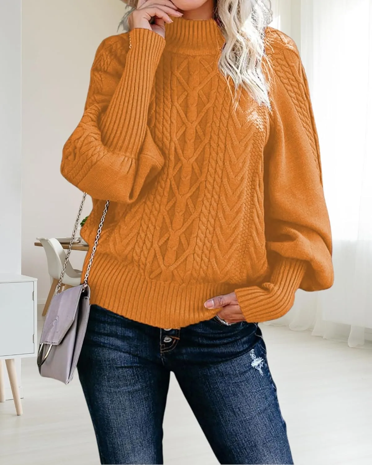 Womens High Neck Cable Knit Lantern Long Sleeve Sweaters Solid Loose Pullovers Sweater for Women Casual 2024