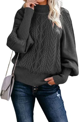 Womens High Neck Cable Knit Lantern Long Sleeve Sweaters Solid Loose Pullovers Sweater for Women Casual 2024
