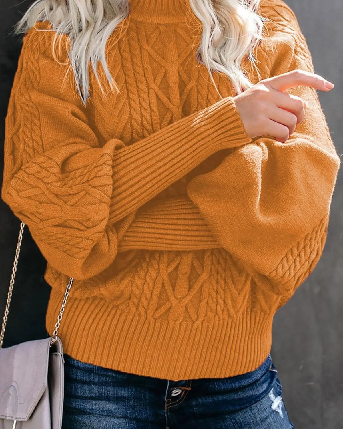 Womens High Neck Cable Knit Lantern Long Sleeve Sweaters Solid Loose Pullovers Sweater for Women Casual 2024