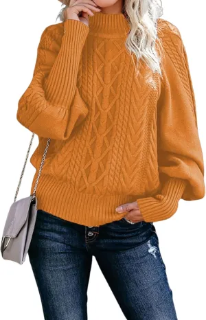 Womens High Neck Cable Knit Lantern Long Sleeve Sweaters Solid Loose Pullovers Sweater for Women Casual 2024