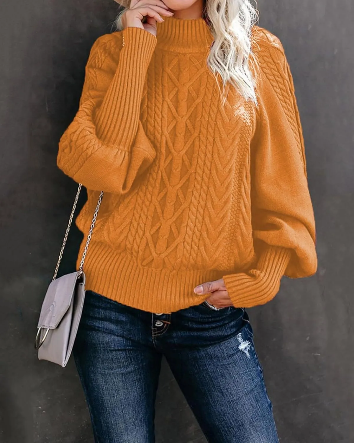 Womens High Neck Cable Knit Lantern Long Sleeve Sweaters Solid Loose Pullovers Sweater for Women Casual 2024