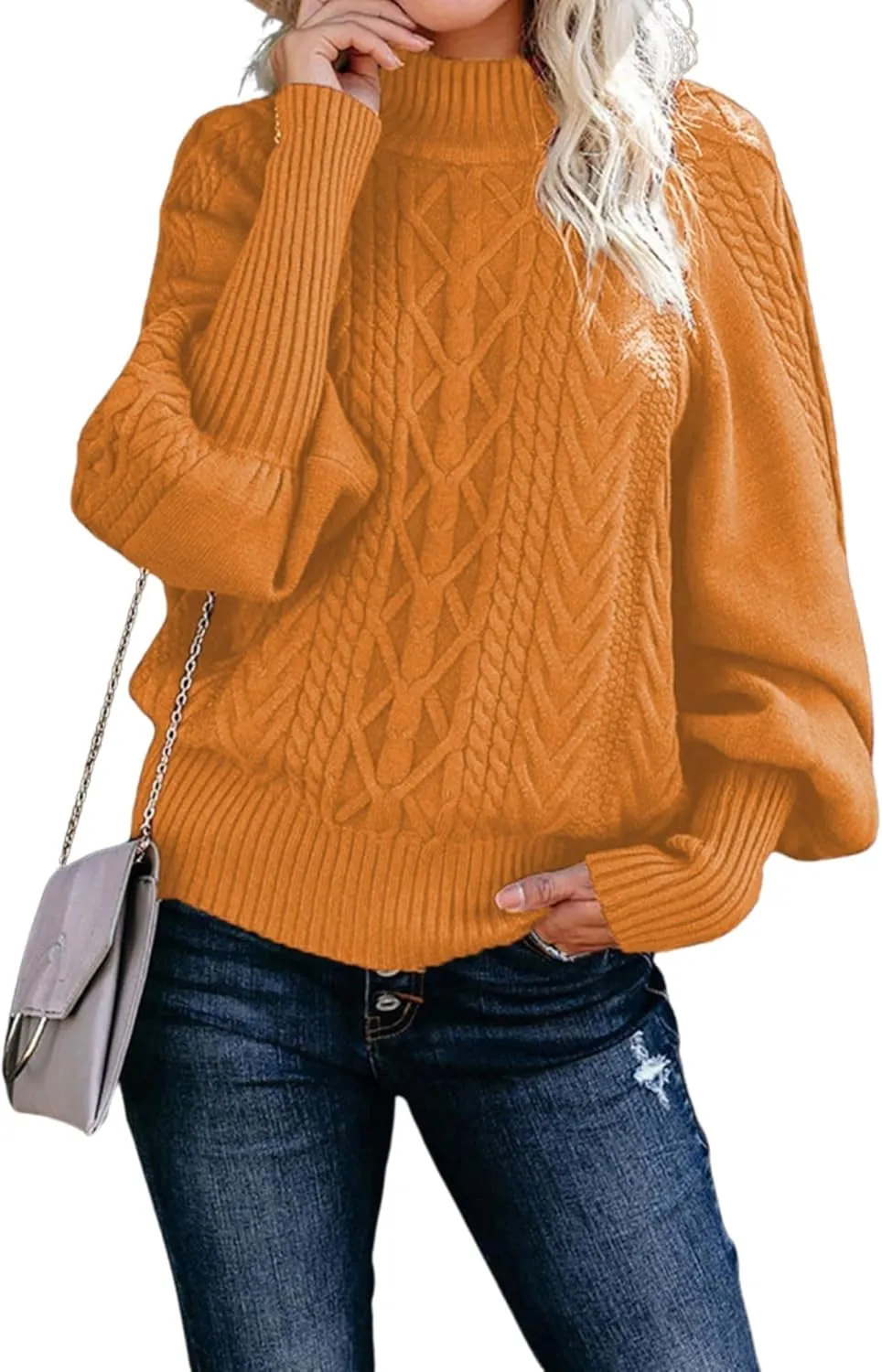 Womens High Neck Cable Knit Lantern Long Sleeve Sweaters Solid Loose Pullovers Sweater for Women Casual 2024